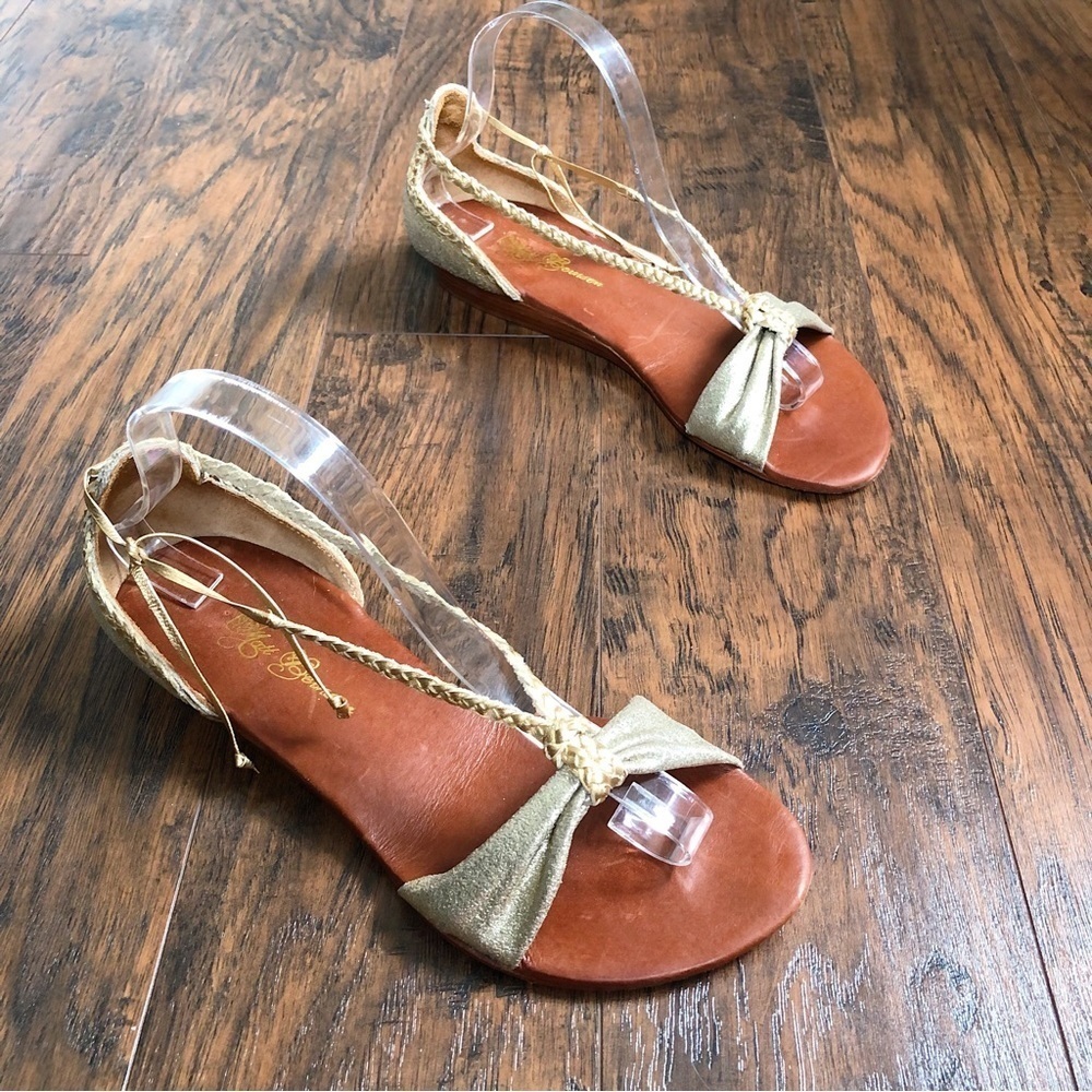 Matt Bernson • Colette Sandals metallic gold leather strappy braided tie